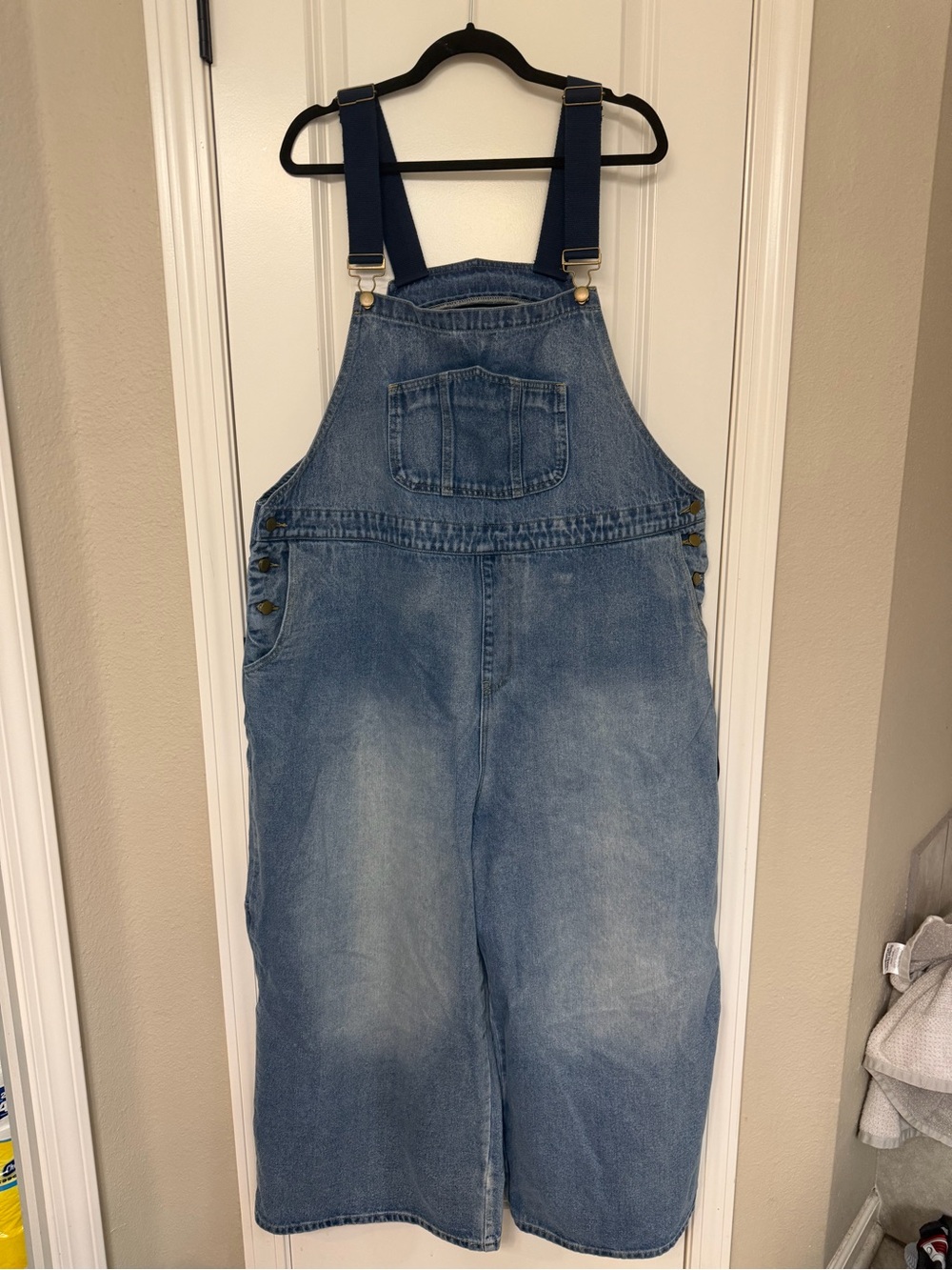 Cider Women’s Denim Overalls in Light Blue with Navy Straps
